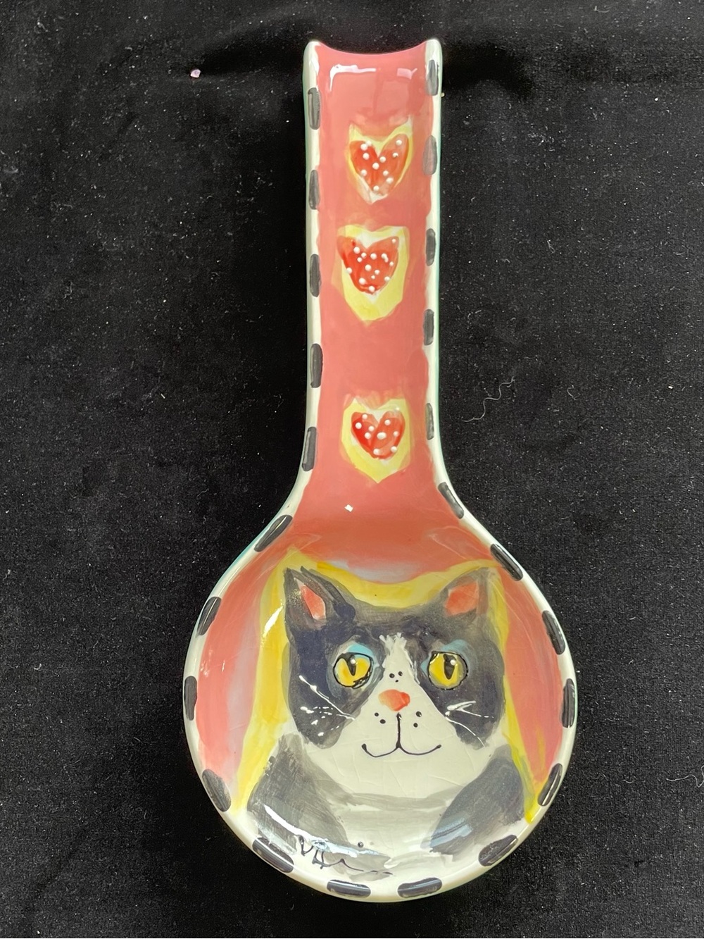 Whimsical Cat Ceramic Hand painted Spoon Rest “11”x5” Original Design